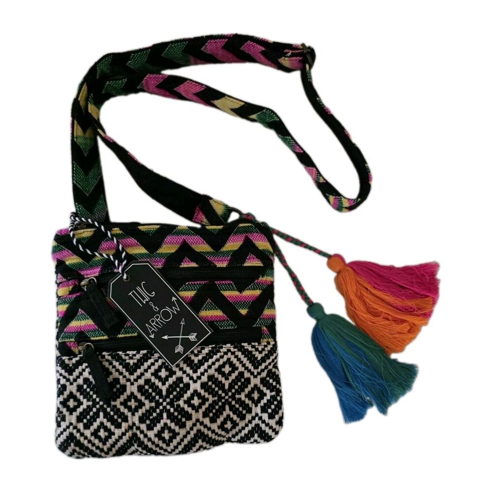 New Twig & Arrow Gayana Passport Crossbody Handbag Black Colorful Tassels India
